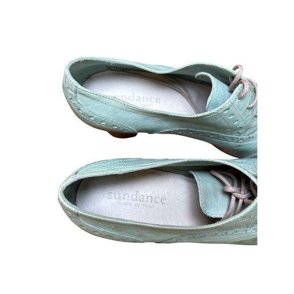 Sundance Catalog Teal Green Oxford Shoes Heels Menswear Look Distressed Laced Si - Picture 8 of 10